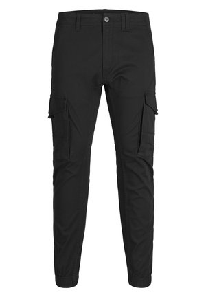 Black cargo pants made of cotton with elastic cuffs, multiple side pockets, a button closure, and a streamlined fit.
