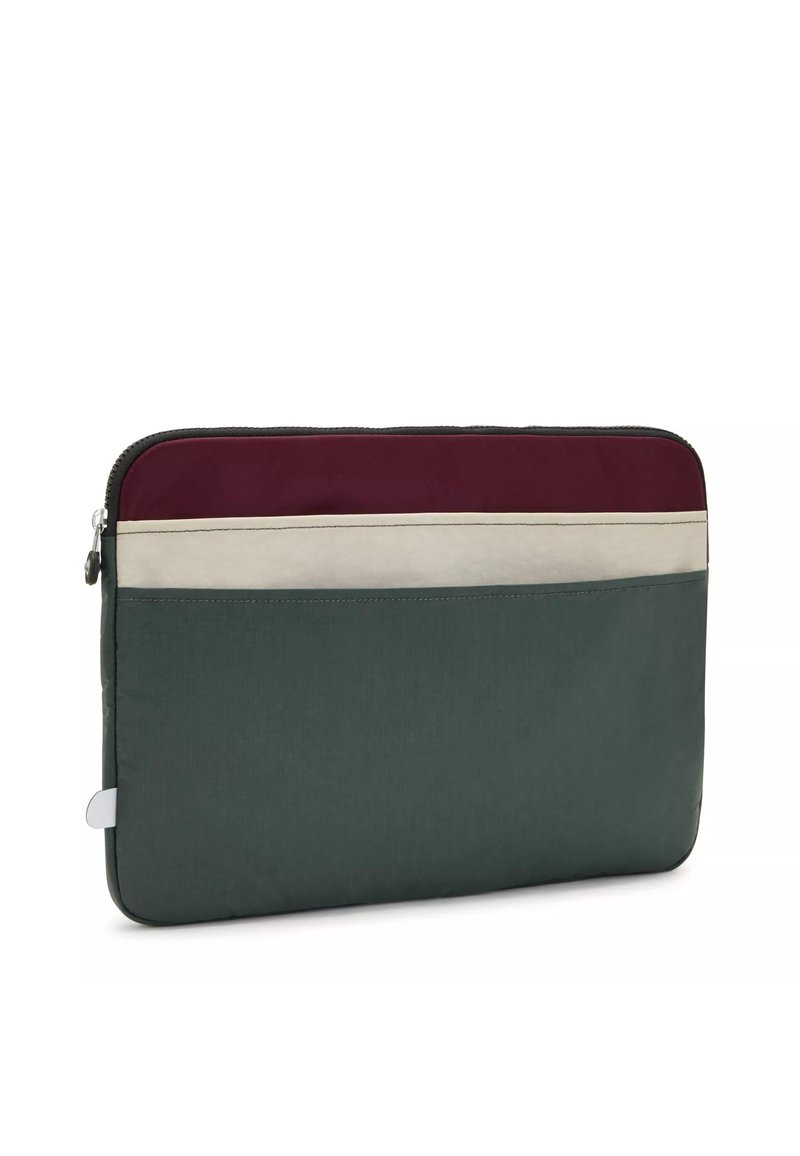 Housse d'ordinateur portable avec un corps en tissu vert foncé, une section supérieure bordeaux et une bande horizontale crème. Dispose d'une fermeture éclair et d'une texture lisse.