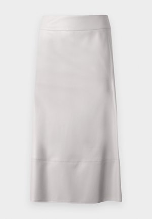 Jupe crayon gris clair en tissu lisse, présentant une coupe slim, des lignes épurées et un ourlet à mi-genou avec un subtil détail de couture.
