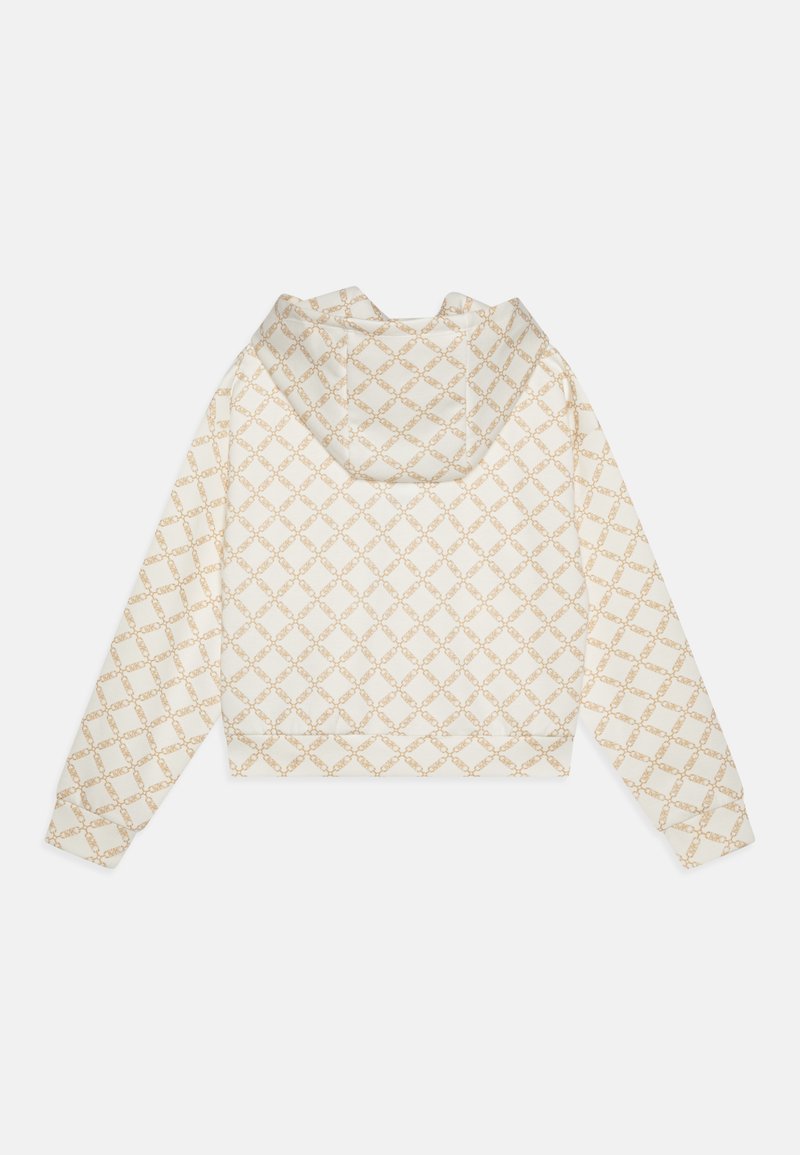 Hoodie corto in beige chiaro, con motivo a rombi dorato. Materiale morbido con cappuccio e orlo a costine. Maniche lunghe con polsini chiusi.