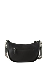 Schwarze Lederhandtasche mit geschwungenem Design, einer Reißverschlussfronttasche und einem gemusterten Schultergurt. Elegante Textur und silberne Hardware-Akzente.