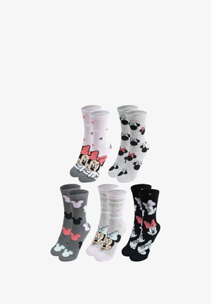 Sei paia di calzini di cotone con personaggi dei cartoni animati e motivi. I colori includono grigio, nero, rosa e azzurro chiaro con pois e fiocchi.