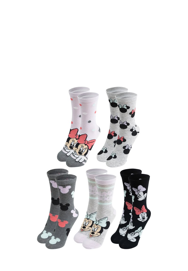 Sei paia di calzini di cotone con personaggi dei cartoni animati e motivi. I colori includono grigio, nero, rosa e azzurro chiaro con pois e fiocchi.
