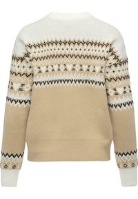 Beżowy sweter z dzianiny z wzorzystą wstawką w kolorze kremowym, czarnym i brązowym. Posiada okrągły dekolt oraz ściągacze na rękawach i u dołu.