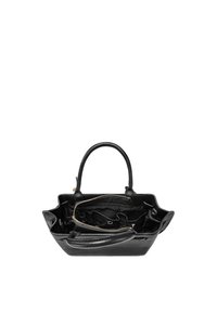 Borsa a mano in pelle nera con design strutturato, doppie maniglie e scomparti con cerniera. Presenta un esterno testurizzato e dettagli in metallo tono oro.