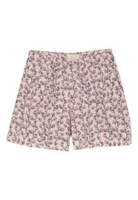 Blommig tryckshorts med rosa bakgrund, prydda med små lila blommor och gröna stjälkar. Tillverkade av lättviktsmaterial och har elastisk midja.