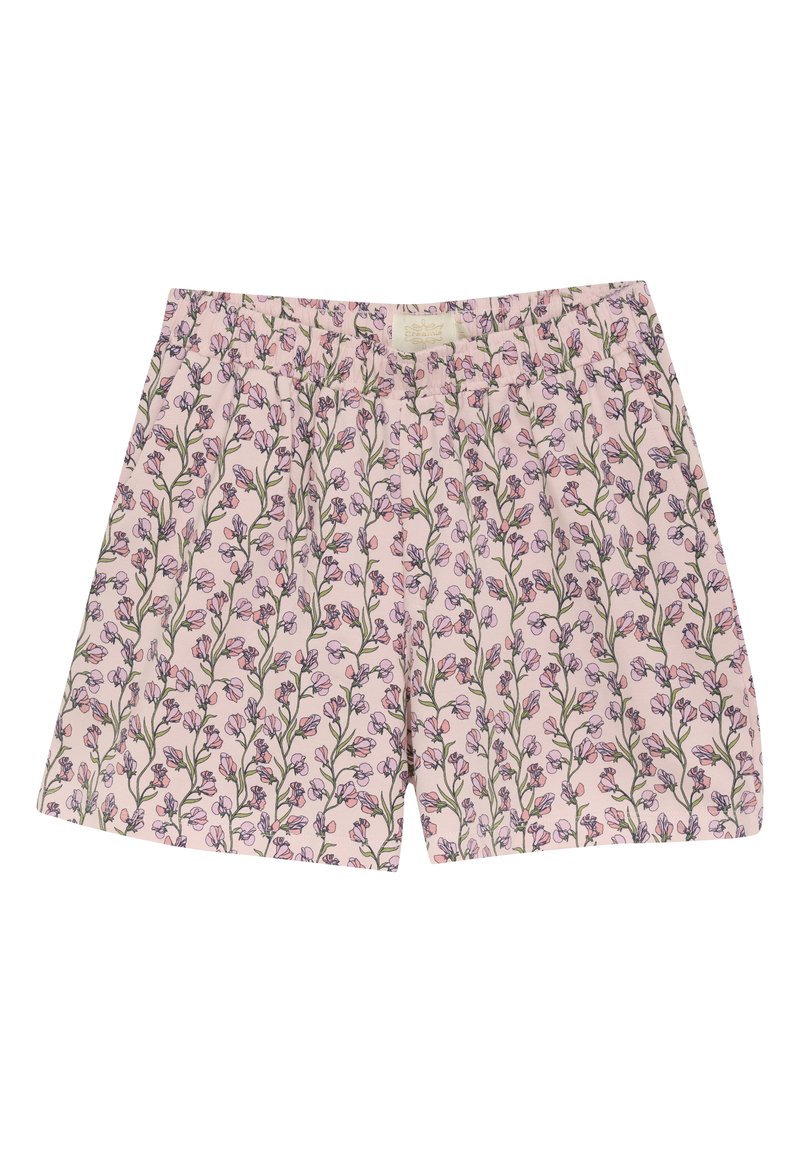 Blommig tryckshorts med rosa bakgrund, prydda med små lila blommor och gröna stjälkar. Tillverkade av lättviktsmaterial och har elastisk midja.