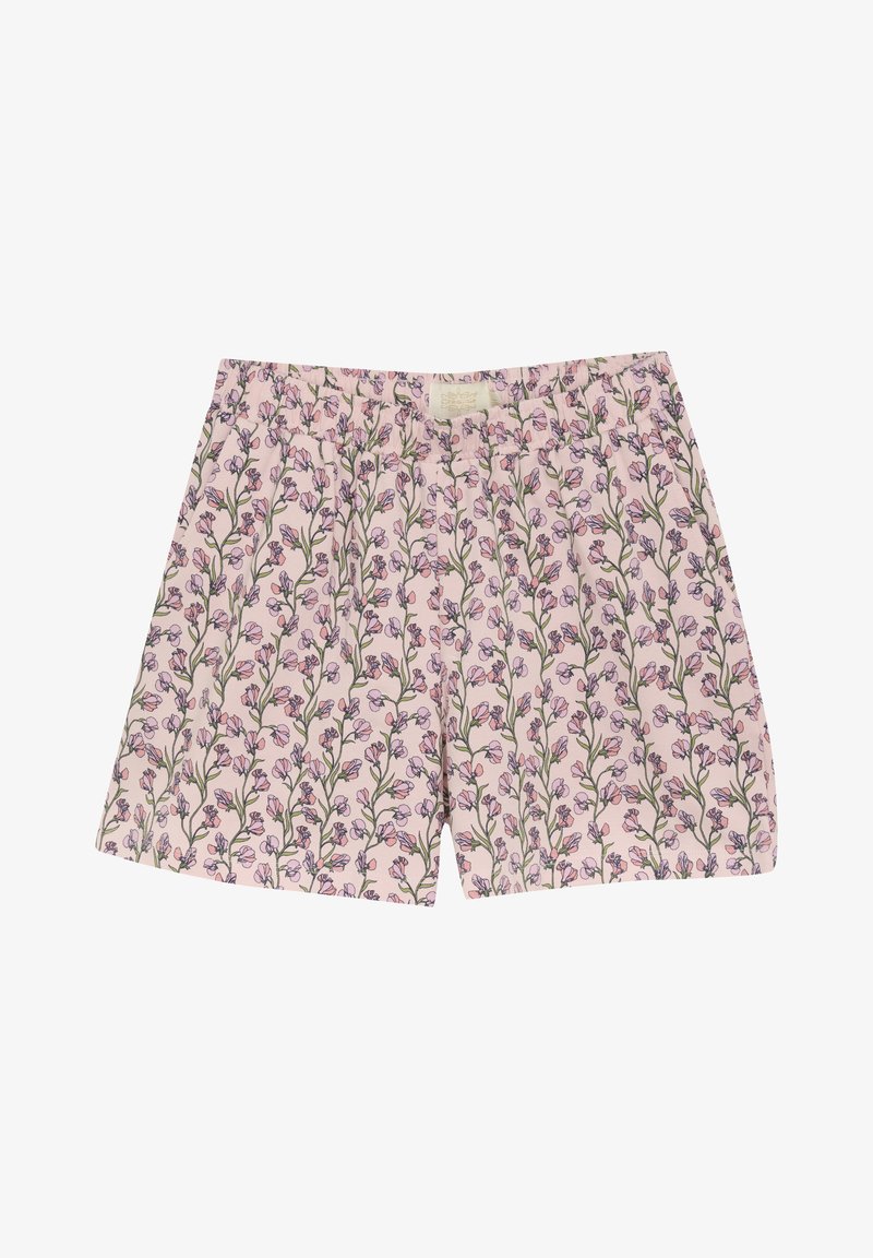 Blommig tryckshorts med rosa bakgrund, prydda med små lila blommor och gröna stjälkar. Tillverkade av lättviktsmaterial och har elastisk midja.