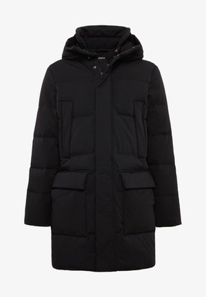 Schwarze Daunenjacke mit Kapuze, ausgestattet mit einem Reißverschluss, zwei großen Fronttaschen und einem gesteppten Muster zur Isolierung.