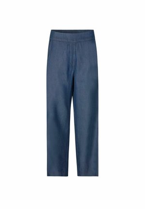 Pantaloni blu scuro, larghi e comodi, con una cintura elastica, realizzati in un materiale liscio simile al denim, con gambe diritto e senza tasche visibili.