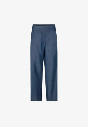 Tumši zili, brīvi pieguļoši bikses ar elastīgu jostu, izgatavotas no gludas, džinsu līdzīga materiāla, ar taisnām kājām un bez redzamām kabatām.