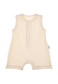 Kombinezon z krótkim rękawem w jasno beżowym kolorze, wykonany z bawełny o fakturze. Posiada listwę z guzikami oraz zatrzaski przy otworach na nogi.
