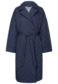 Marineblauer gesteppter Mantel mit doppelt geknöpftem Vorderteil, großem Kragen und tailliertem Gürtel. Verfügt über ein Rautenmuster und weite Ärmel.