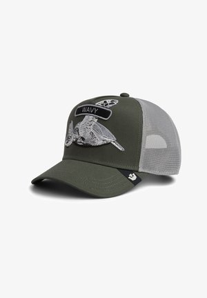 Olive green and gray mesh baseball cap with embroidered sea turtle and black patch reading "WAVY" on front panel.