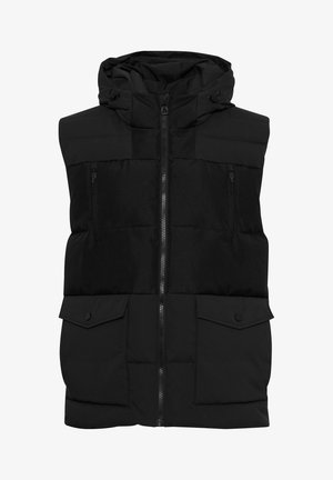 Mustast vooderdatud vestist kapuutsiga, millel on lukuga esiosa, kaks rinna-taskut ja nööpkinnitusega aktsendid alumistes taskutes. Tekstuuriga kangas.