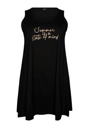 Schwarzes ärmelloses A-Linien-Kleid mit goldenem Schriftzug „Summer is a state of mind“ auf der Vorderseite.
