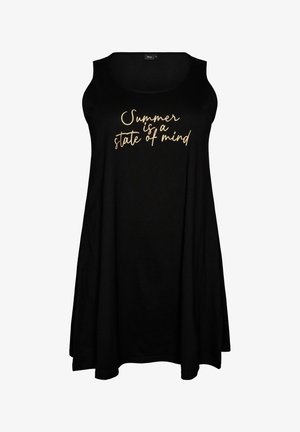 Schwarzes ärmelloses A-Linien-Kleid mit goldenem Schriftzug „Summer is a state of mind“ auf der Vorderseite.