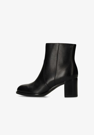 Black leather ankle boot with a round toe, smooth texture, and a chunky heel. Features a sleek silhouette and minimal stitching.