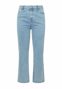 Lichtblauwe denimjeans met een hoge taille, rechte pijpdesign en zijsplitten aan de zoom. Heeft riemlussen en voorzakken.