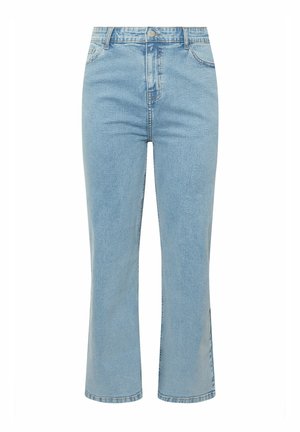 Jeans de denim azul claro con cintura alta, diseño de pierna recta y aberturas laterales en el dobladillo. Cuenta con pasadores para cinturón y bolsillos frontales.