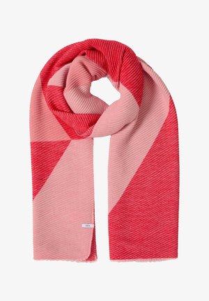 Rote und rosa gerippte Strickschal mit geometrischen Farbfeldern und einem kleinen weißen Etikett mit der Aufschrift "CECIL" an einem Ende.