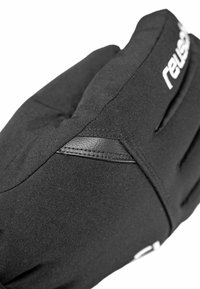 Schwarze Winterhandschuhe mit einem strukturierten Stoffdesign, einem glatten Lederelement und verstärkten Nähten für Langlebigkeit.
