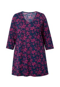 Květinové šaty po kolena s výstřihem do V a rukávy 3/4. Tmavě modré pozadí s růžovými květinovými vzory. Měkká tkanina s uvolněným střihem.