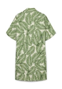 Short-sleeve shirt with a green palm leaf pattern on a light beige background. Collared design, woven fabric with a smooth texture.