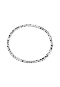 Sølv kædedesign med sammenflettede led, der har en glat overflade og en sikker lukning. Enkel, flad opbygning med ensartet bredde.