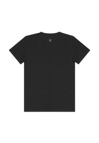 Czarny t-shirt z krótkim rękawem wykonany z bawełny, z prostym wzorem i małym białym logo na górnej części pleców. Gładka faktura materiału.