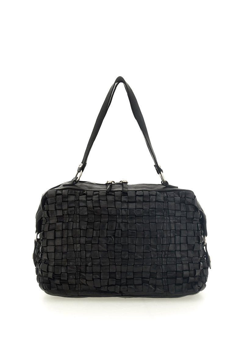 Borsa a tracolla intrecciata in pelle nera con forma rettangolare, dotata di due robuste cinghie per la spalla e chiusura a zip nella parte superiore.