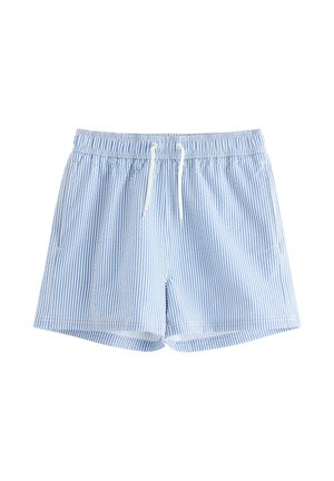 Blå og hvide shorts med lodrette striber, elastisk talje med hvid snor, forlommer og lige kant.
