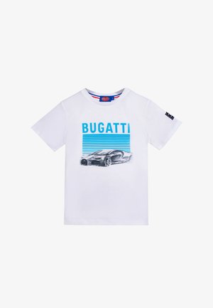 Maglietta bianca a maniche corte con la scritta "BUGATTI" in blu, strisce orizzontali blu e una grafica di un'auto sportiva bianca e nera sul davanti.
