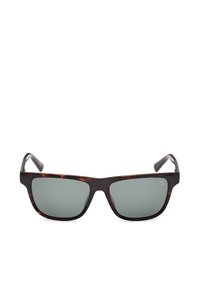 Lunettes de soleil rectangulaires en écaille de tortue avec des verres teintés foncés et des branches droites, présentées de face sur un fond blanc.