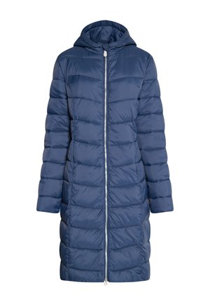 Mørkeblå dunjakke med hætte, der har lynlås hele vejen ned foran, kviltet tekstur og lange ærmer.