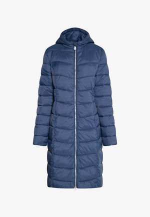 Navyblaue Steppjacke mit Kapuze, ausgestattet mit einem durchgehenden Reißverschluss, gesteppter Textur und langen Ärmeln.