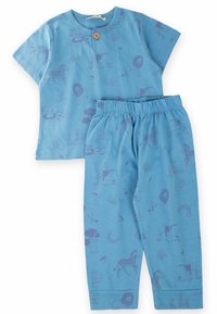 Light blue cotton pajama set featuring short-sleeve top with button, and elastic waistband bottoms, both adorned with animal illustrations.