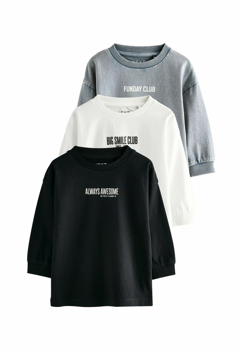 Three cotton sweatshirts in black, white, and gray. Each features a round neckline and printed text: "ALWAYS AWESOME," "BIG SMILE CLUB," "FUNDAY CLUB."
