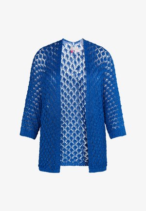 Blauwe opengehaakte cardigan met ¾ mouwen, voorzien van een diamantkantpatroon en een ongestructureerd ontwerp. Gemaakt van lichtgewicht, ademend materiaal.