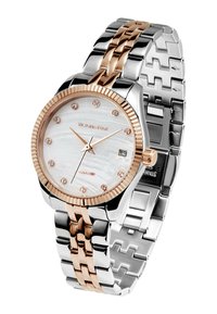 Reloj de pulsera de metal en plata y oro rosa con una esfera redonda de nácar, adornada con marcadores de hora de cristal y una pantalla de fecha.