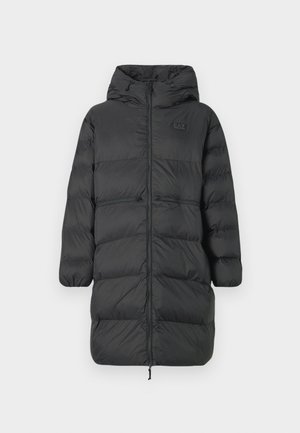 Black long puffer coat with hood, elastic cuffs, front zipper, and two horizontal zip pockets at waist, featuring a small EA7 logo on chest.