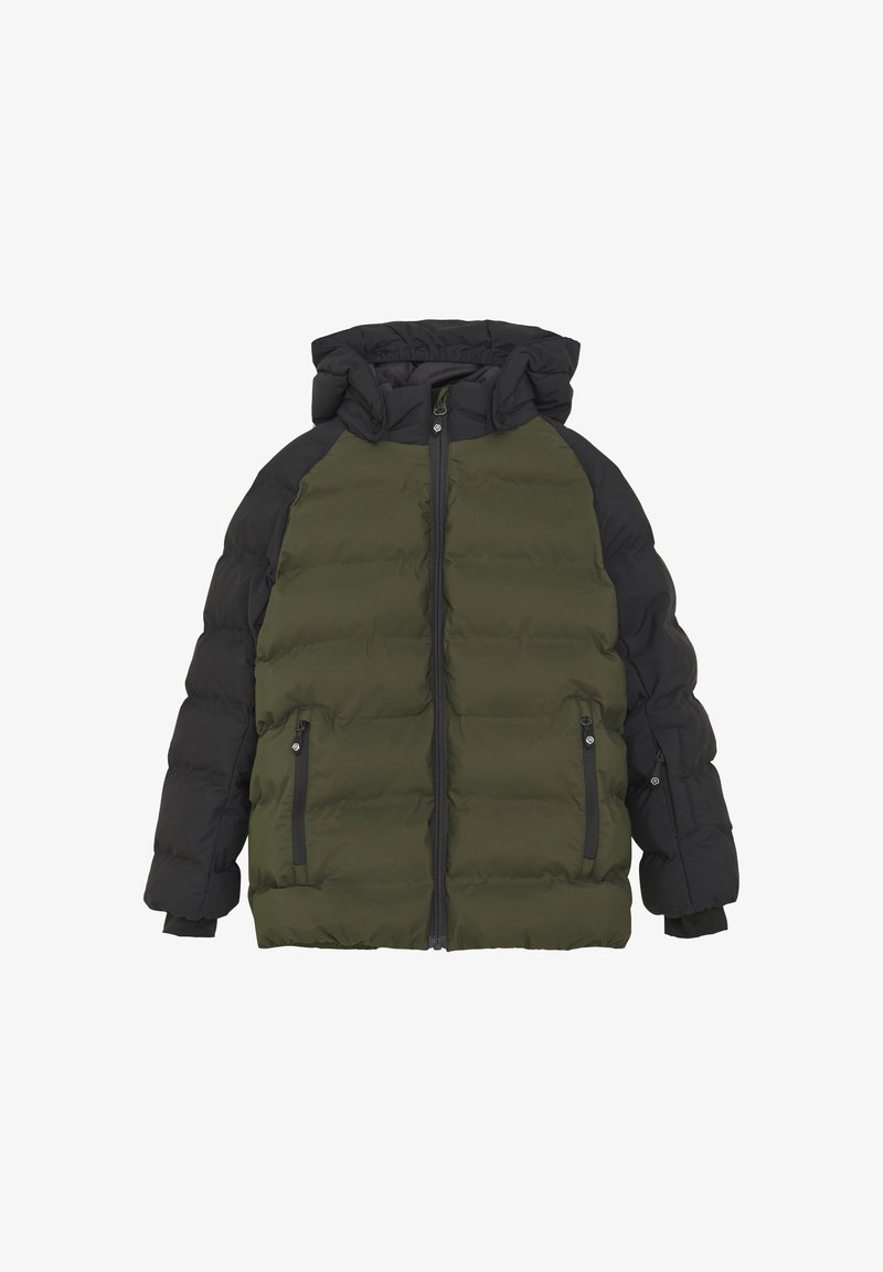 Gepolsterte Jacke mit Kapuze, olivgrüner Körper und schwarze Ärmel. Verfügt über Reißverschlusstaschen und einen Reißverschluss vorne.
