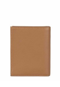 Brown leather wallet with a smooth texture, bi-fold design, and contrast stitching. Features a simple, rectangular shape without embellishments.