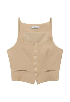 Beige structured vest with a straight neckline, featuring a row of six buttons, two front pockets, and a tailored fit.