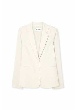 Light beige blazer with a structured design, notched lapels, single button closure, two front pockets, and smooth fabric texture.