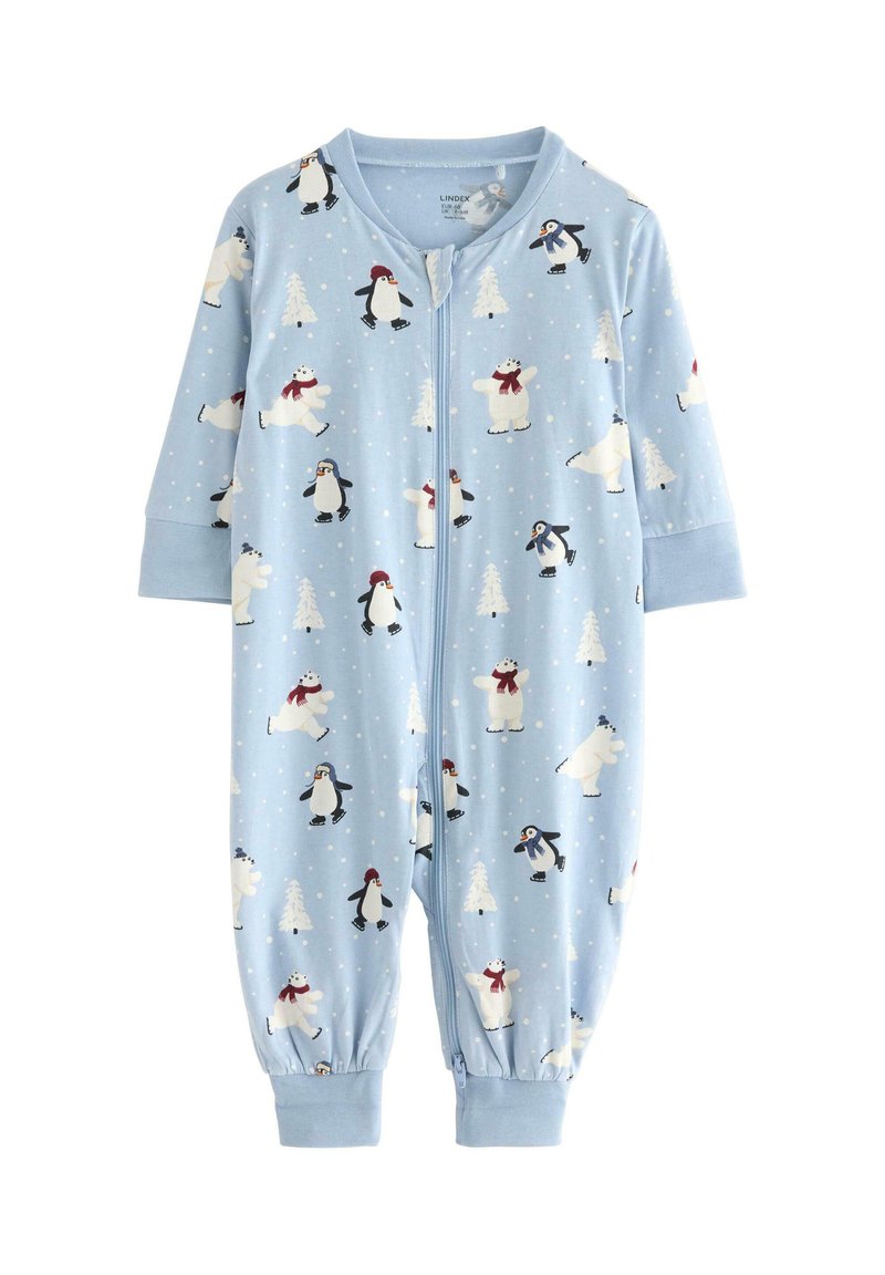 Light blue zip-up onesie made of soft fabric, featuring a whimsical pattern of penguins, polar bears, and snowflakes in playful winter scenes.