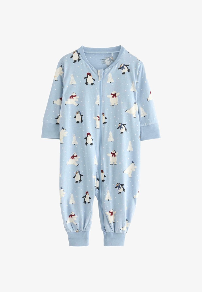 Light blue zip-up onesie made of soft fabric, featuring a whimsical pattern of penguins, polar bears, and snowflakes in playful winter scenes.