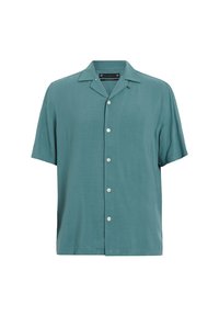 Korte mouwen shirt in teal stof met een ontspannen pasvorm, voorzien van een puntige kraag en witte knopen aan de voorkant. Subtiele logo-accent.