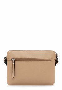 Borsa a tracolla in pelle beige con una texture liscia, tasca anteriore con zip e tracolla regolabile. Forma rettangolare. Design minimalista.