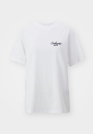 T-shirt en coton blanc avec une coupe décontractée. Présente des manches courtes et un petit logo noir "Carhartt WIP" sur la poitrine gauche.